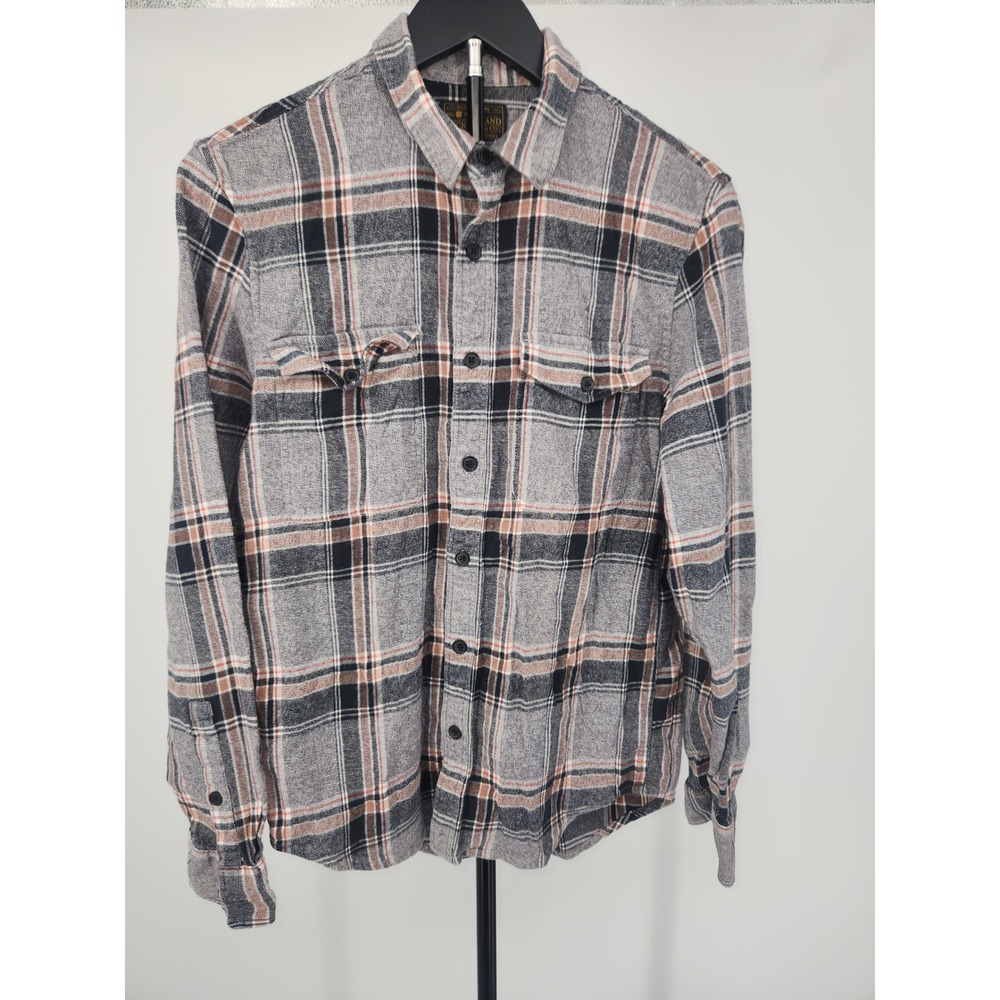 Lucky Brand Saturday Stretch Flannel Shirt Men Small Grey Orange Plaid Button Up